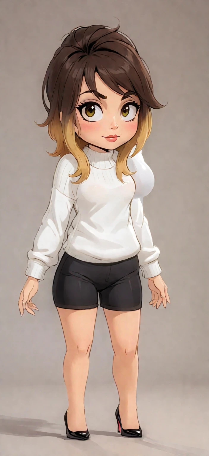 A milf with brunette hair but with blonde tips, Large firm , Wearing a white sweater, e um short, sexly