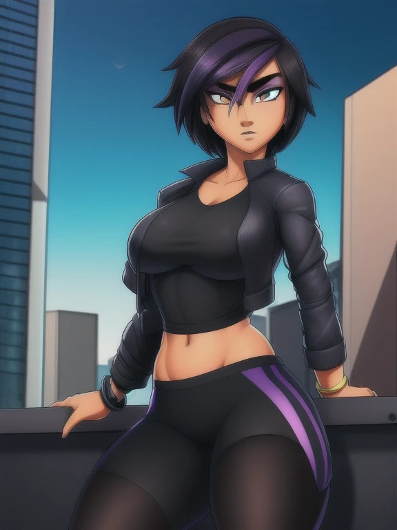 ((Masterpiece)), ((Best Quality)), (Detailed face:1.2), (Detailed eyes:1.2), (Detailed pupils:1.2), Ultra High Resolution, HDR, absurderes, 8K, intricate details, ultra-detailed, dramatic lighting, (solo, 1 girl:1.02), Gogo_Tomago, short hair, black hair, jewelry, jacket, lo purple hair, shorts, bracelet, makeup, casual, cropped jacket, leggings, sleeves pushed up, capri pants, black leggings, cowboy shot, brown eyes, looking at the viewer, medium breasts,outdoors,city,
