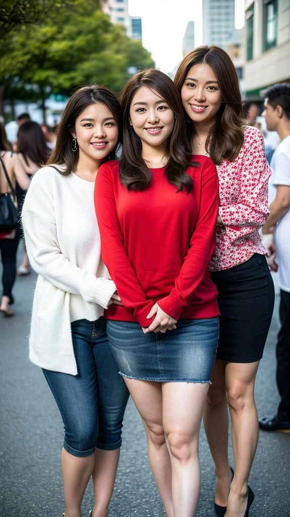 Quadruplets,Smiling fat woman ((best quality)), ((masterpiece)), (detailed), Perfect face, Wearing a green loose sweatshirt and short skirt, The other was wearing a red loose plaid shirt and jeans, Thin waist and thick hips, Soft curves, hyperPractical full figure, Wearing a cute top, Long legs,,thickness, Beautiful plump woman, Four curvy female targets,Clear curve details, Curvy hourglass figure, Charming plus size models, bbw酱, full image, Surface Model, Curvy body, (full-body shot)blush, 1girll fat , Golden Ratio,(White and tender skin:),High quality background, HD, Practical, HDR. pedestrian mall,Skin as white as paper,High heel,Supercar,Auto Show