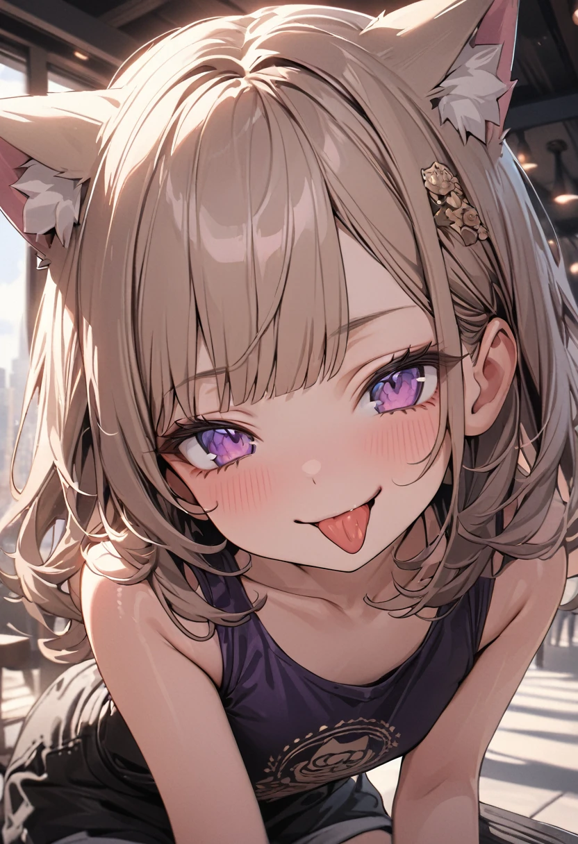 ((Masterpiece)), ((best quality)), ((kawaii)), ((extremely detailed)), 4K, (8K), (super detail:1.2), (High Definition:1.3), (Professional Photography:1.2), cinematic lighting, (very aesthetic:1.2), (absurdres:1.2), (sharp focus), (perfect light), ((1girl)),((12 years old)), (1girl), cute young girl, (naughty smile), ((sticking out tongue)), (Beautiful deep purple eyes:1.2), (put on cat ears), girl, (Embroidered cute tanktop), small breast, Healthy skin, (Healthy slim body), (loose blunt bangs), ((Beautiful Silky hair)), medium hair, ((beautiful pale brown hair)), shortpants, BREAK, ((best quality)), (very aesthetic:1.2), (absurdres:1.2), ((extremely detailed)), 🌈, Eating vanilla ice cream, (loose sitting on chair), ice cream on the café terrace, (the Midsummer Cafe Terrace), Beautiful cityscape Background, Large Cumulonimbus Clouds, pastel colors clouds, kawaii, cute colors,