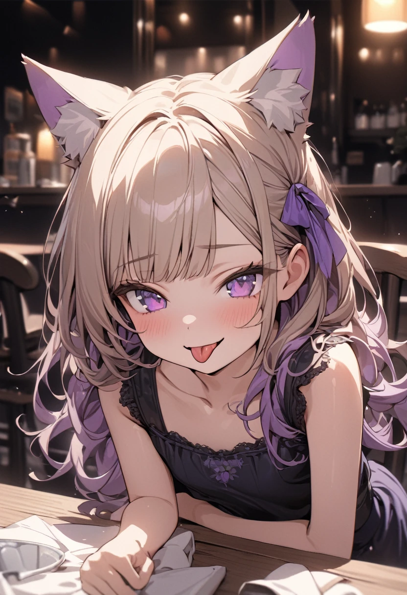 ((Masterpiece)), ((best quality)), ((kawaii)), ((extremely detailed)), 4K, (8K), (super detail:1.2), (High Definition:1.3), (Professional Photography:1.2), cinematic lighting, (very aesthetic:1.2), (absurdres:1.2), (sharp focus), (perfect light), ((1girl)),((12 years old)), (1girl), cute young girl, (naughty smile), ((sticking out tongue)), (Beautiful deep purple eyes:1.2), (put on cat ears), girl, (Embroidered cute tanktop), small breast, Healthy skin, (Healthy slim body), (loose blunt bangs), ((Beautiful Silky hair)), medium hair, ((beautiful pale brown hair)), shortpants, BREAK, ((best quality)), (very aesthetic:1.2), (absurdres:1.2), ((extremely detailed)), 🌈, Eating vanilla ice cream, (loose sitting on chair), ice cream on the café terrace, (the Midsummer Cafe Terrace), Beautiful cityscape Background, Large Cumulonimbus Clouds, pastel colors clouds, kawaii, cute colors,