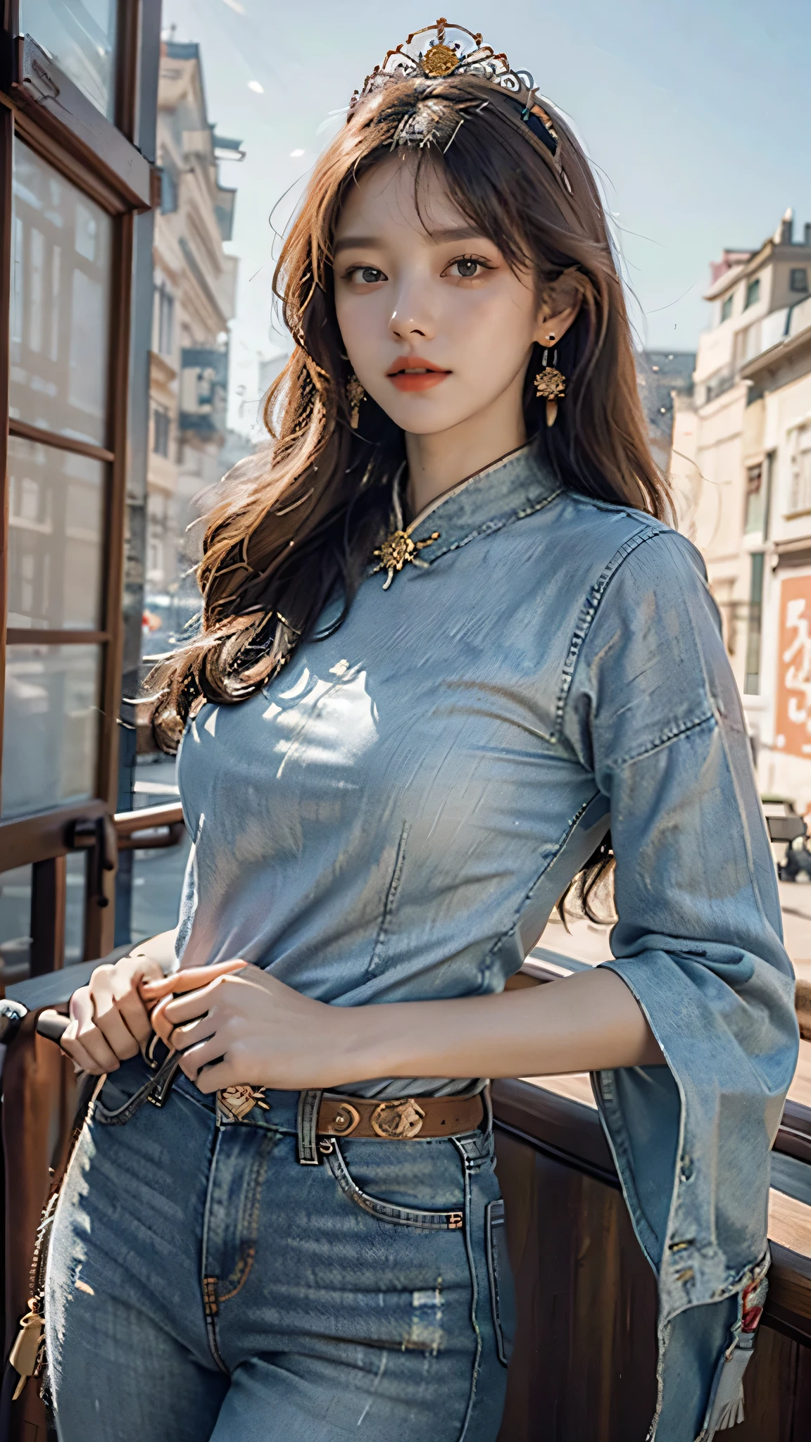 Best quality, masterpiece, super detailed high resolution, (realistic: 1.4), watercolor style, illustration, dazzling background color,, 1 Girl Holding Weapon, (Solo Exhibition: 1.2), (Denim Lens: 1.2), (Hair Crown: 1.2), Chinese Dunhuang Traditional Costume, No Straps, (Red Eyeliner: 1.2), (: 1.4), Earrings, Dynamic Angle, Opera House, messy_long_hair, Ink, Movie Lights, lens_flare, Velvet, Chrysanthemum, Tassels, Ribbons, Color Embroidery,