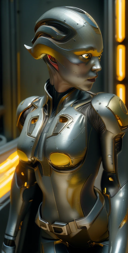 1 girl, solo, (look at viewer), ((Best quality)), ((masterpiece)), (detailed:1.4), ((upper body)), 3D, an image of a beautiful cyberpunk female,HDR (High Dynamic Range), Ray Tracing,NVIDIA RTX,Super-Resolution,Unreal 5,Subsurface scattering,PBR Texturing,Post-processing,Anisotropic Filtering,Depth-of-field,Maximum clarity and sharpness,Multi-layered textures,Albedo and Specular maps,Surface shading,Accurate simulation of light-material interaction,Perfect proportions,Octane Render,Two-tone lighting,Wide aperture,Low ISO,White balance,Rule of thirds,8K RAW, (((yellow eyes))), (((liquid metal black short hair))), PEEBEE, (dark skin:1.2), yellow eyes,,, medium breasts, yellow bodysuit, belt, (( gold/silver amor))
