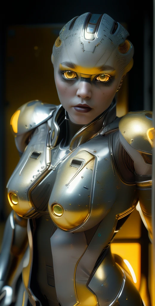 1 girl, solo, (look at viewer), ((Best quality)), ((masterpiece)), (detailed:1.4), ((upper body)), 3D, an image of a beautiful cyberpunk female,HDR (High Dynamic Range), Ray Tracing,NVIDIA RTX,Super-Resolution,Unreal 5,Subsurface scattering,PBR Texturing,Post-processing,Anisotropic Filtering,Depth-of-field,Maximum clarity and sharpness,Multi-layered textures,Albedo and Specular maps,Surface shading,Accurate simulation of light-material interaction,Perfect proportions,Octane Render,Two-tone lighting,Wide aperture,Low ISO,White balance,Rule of thirds,8K RAW, (((yellow eyes))), (((liquid metal black short hair))), PEEBEE, (dark skin:1.2), yellow eyes,,, medium breasts, yellow bodysuit, belt, (( gold/silver amor))
