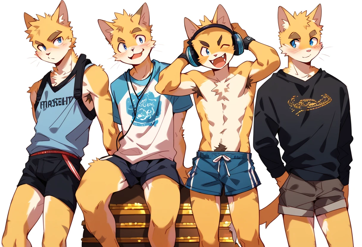 score_9, score_8_up, score_7_up, male, furry, high quality, hires, anthro, teenager, ************, domestic cat, bright yellow fur, blue eyes, wide brown eyebrows, an excited expression, humanoid feet, slim body, prominent v-line, prominent abs, prominent legs, prominent forearm, prominent knees, white background, treasure trail, armpit hair, furry legs, hairy legs, in various sexy poses, headphones, casual clothes, joggers, shorts, showing off, sitting, patting his abdomen, profile