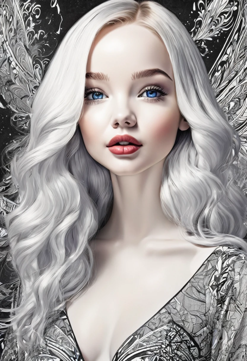 A captivating black and white wallpaper-style portrait of the talented American artist Dove Cameron, masterfully rendered with intricate lines and strokes. Her striking features are accentuated by well-defined details on her face, eyes, and lips, creating a mesmerizing and unique appearance. The dynamic and expressive artwork gives the illusion of Dove Cameron coming to life, with vivid emotions that draw the viewer in. The background features vibrant neon colors in explosion-shaped translucent forms, blending modern style with pencil technique. The atmosphere exudes serenity, majesty, and a one-of-a-kind artistic expression., graffiti, architecture, graffiti, photo, vibrant, fashion, conceptual art, portrait photography, painting, dark fantasy