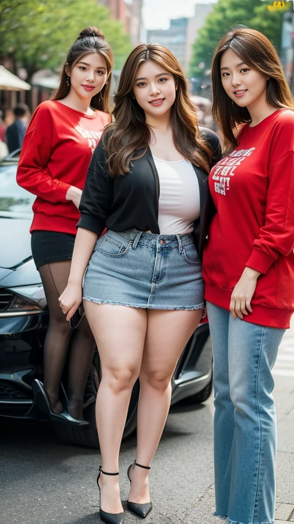 Quadruplets,Smiling fat woman ((best quality)), ((masterpiece)), (detailed), Perfect face, Wearing a green loose sweatshirt and short skirt, The other was wearing a red loose plaid shirt and jeans, Thin waist and thick hips, Soft curves, hyperPractical full figure, Wearing a cute top, Long legs,,thickness, Beautiful plump woman, Four curvy female targets,Clear curve details, Curvy hourglass figure, Charming plus size models, bbw酱, full image, Surface Model, Curvy body, (full-body shot)blush, 1girll fat , Golden Ratio,(White and tender skin:),High quality background, HD, Practical, HDR. pedestrian mall,Skin as white as paper,High heel,Supercar,Auto Show