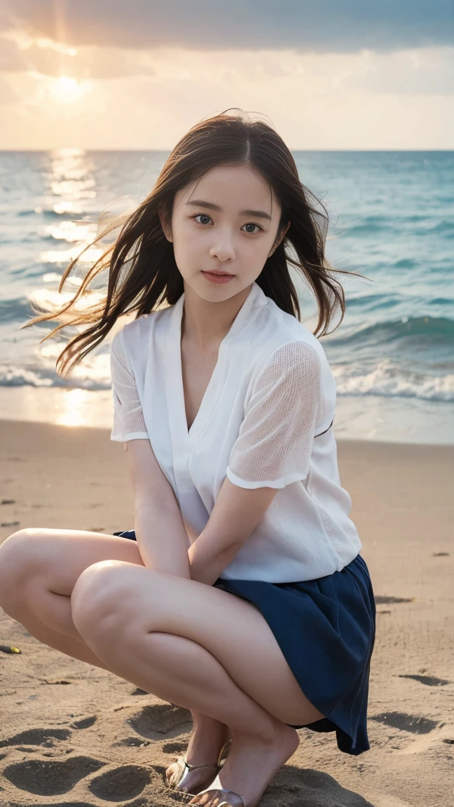 8k, RAW Photo, Best Quality, Masterpiece, High Detail RAW Color Photo, Professional Photo, (Realistic, Photorealistic Photorealism: 1.37), (High Detail Skin: 1.2), High Resolution, Beautiful Detailed Eyes, (Hard Focus: 1.4), (Clear Focus: 1.4), Realistic, (8K UHD:1.2), realistic high-quality shadows, pink pouty red lips, slender face, (wavy hair), semi-top knot, gray-blue wavy hair, pink eye color, suggestive appearance, (extreme face close-up), pov, ((depth of field)), pale and shiny skin, navel shirt, 30 years old, buruma, clear water, layers of white clouds, background blur, lens flare, (vignetting: 0.8), dramatic lighting, cinematic lighting, backlighting, professional lighting, Physically based rendering, ulzzang-6500-v1.1, pureerosface_v1.