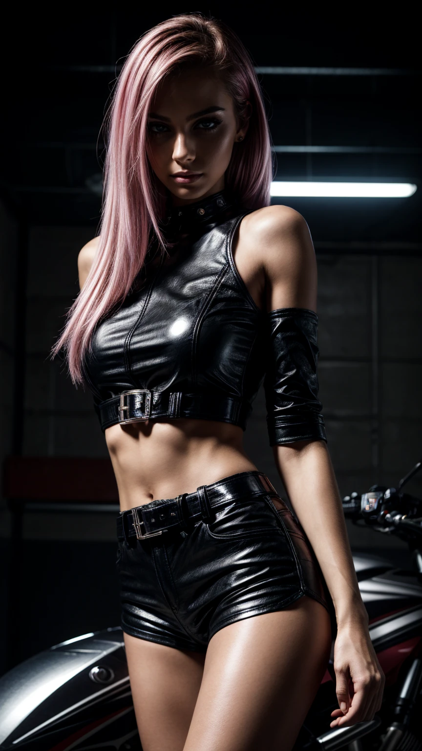 Seductive and confident look. Huge arm muscules, visible veins. Folded arms, Long legs. Slim teenage european girl. Shiny leather shorts, sneakers, white shirt. Motorbike garage. Pink hair, sidecut. Piercing. backlit, smirk, belt, backlit, perfect sultry make-up, cinematic, realistic, high contrast, visually rich,piercing eyes, strong eyeliner, mesmerizing eyes, elegant, graceful, natural beauty, charismatic, versatile, photogenic, very detailed