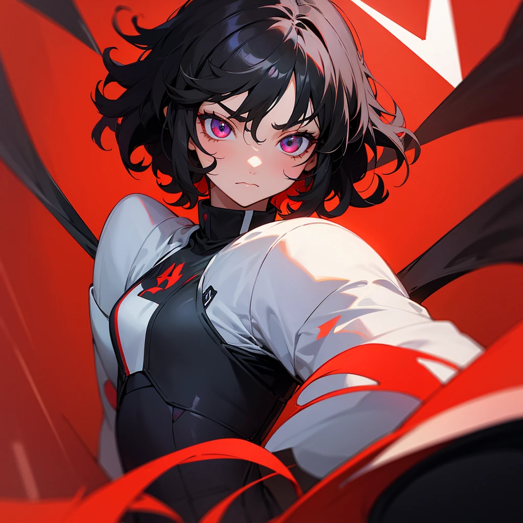 From the chest to the face, fate drawing, tall woman, 20s, solo solo, parted in the center, black hair, short hair, long eyes, narrow eyes, beautiful eyes, red jacket, black sweater, gun, big breasts,