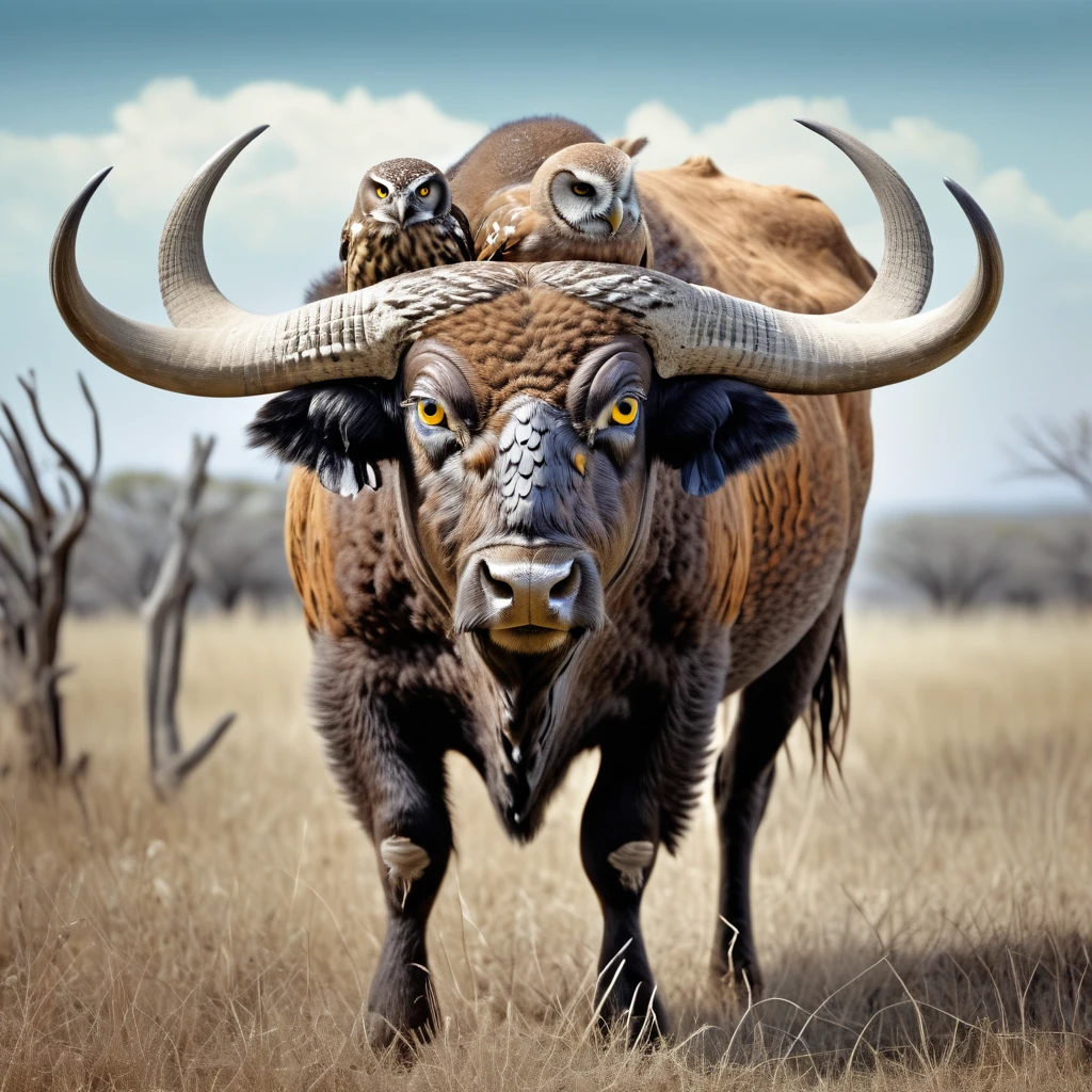 real photography, unique composition that mixes and brings together in an almost surreal design four different types of animals in a single buffalo body, owl's tail, baboons head, sea spider arms and legs. There is a frame in the image that refers to the 2d image drawn with lines that become wind and water and fire and earth at the base, WITH TRANSPARENT BACKGROUND, plus a geometric simetric realistic neon logobrand word "shallow" in capital words, no degrade, white background, no shadow, no reflect