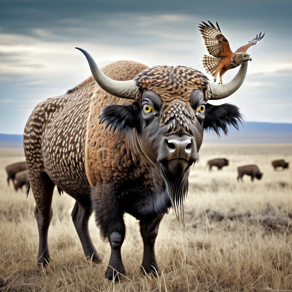 real photography, unique composition that mixes and brings together in an almost surreal design four different types of animals in a single buffalo body, owl&#39;s tail, baboons head, sea spider arms and legs. There is a frame in the image that refers to the 2d image drawn with lines that become wind and water and fire and earth at the base, WITH TRANSPARENT BACKGROUND, plus a geometric simetric realistic neon logobrand word "shallow" in capital words, no degrade, white background, no shadow, no reflect