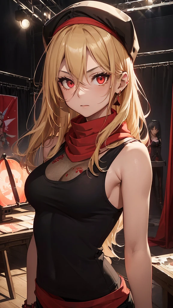 最high quality、Best image quality、masterpiece、girl((Age 25、 By becoming、Best Bust、Medium Bust,Wide open breast tea、Red glowing eyes,Blonde、Red Mesh、Disheveled Hair、Lointail、thin,The highest valley、Open chest、Luminous Wristbands、hair ornaments、Show the whole body,Black tank top、Red Bandana、 pantuscular、revolver、scar、 Cap)),high quality、Beautiful art、background((Photography room))、Flight、Flying debris、Written boundary depth、movie、Visual Arts、Perfect art、8K,Genuine,