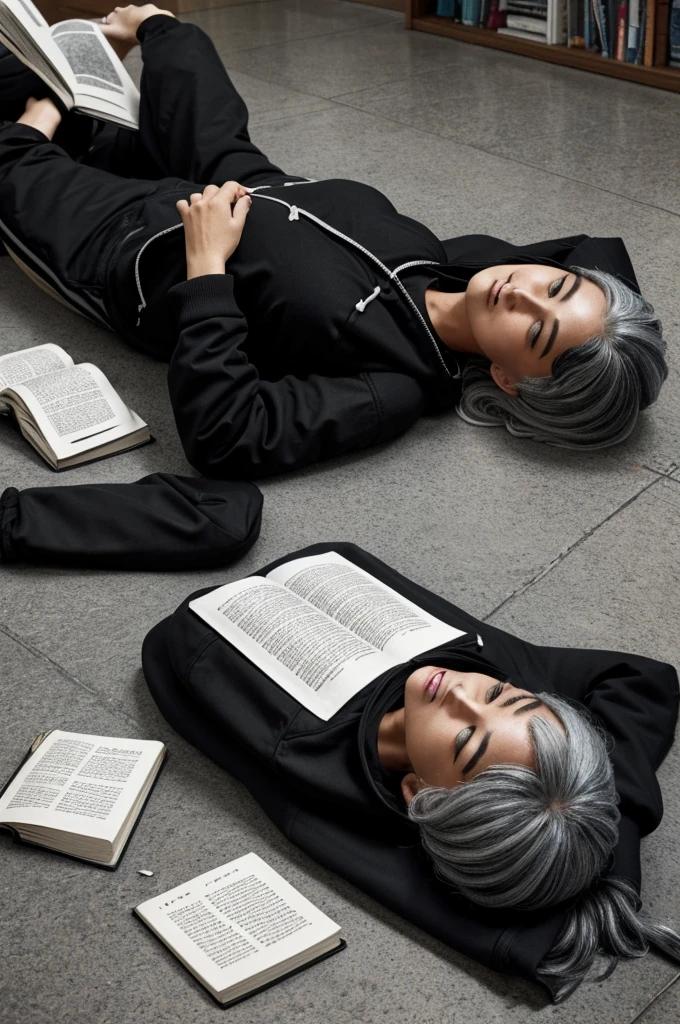 A woman is lying on her side on the floor, dressed in a black hooded jacket, black pants and white sneakers. Her silver hair reaches the middle of her back., and there are books and leaves scattered around it. The image must convey a feeling of loneliness, sadness and melancholy.