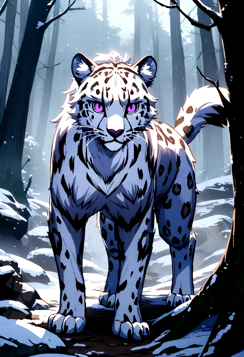 intimidating feral Female snow leopard with purple eyes and clothes standing on all fours she in forest