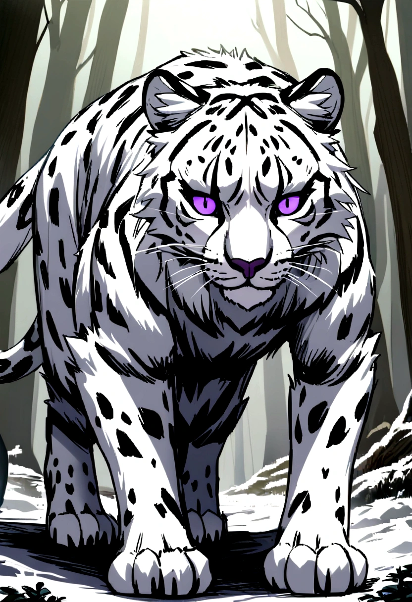 intimidating feral Female snow leopard with purple eyes and clothes standing on all fours she in forest