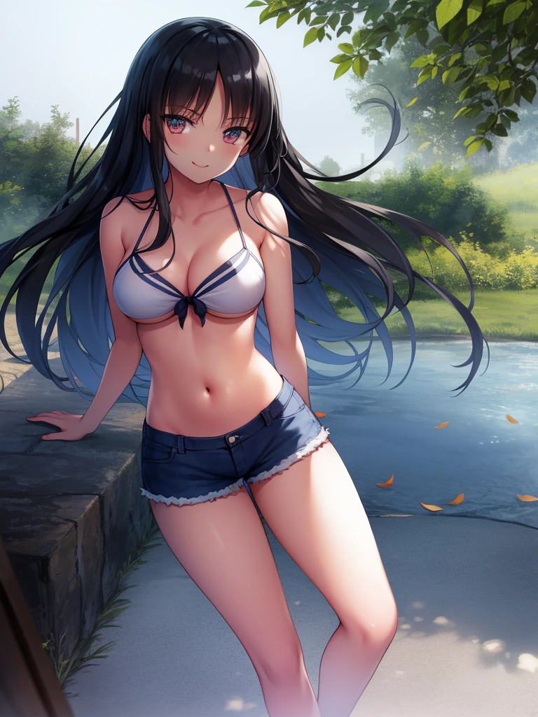 (8K, Highest quality, Highest quality, masterpiece), standing, 1girl, solo girl, only 1 girl)), fullbody, solo, cowboy shot, aasuzune, long hair, black hair, hair loose in the wind, leafs in the air, (dusk), bikini top, white bikini, black thighhighs, ((smile)), (Shorts, denim shorts), outdoors, large breasts, cleavage, underboob