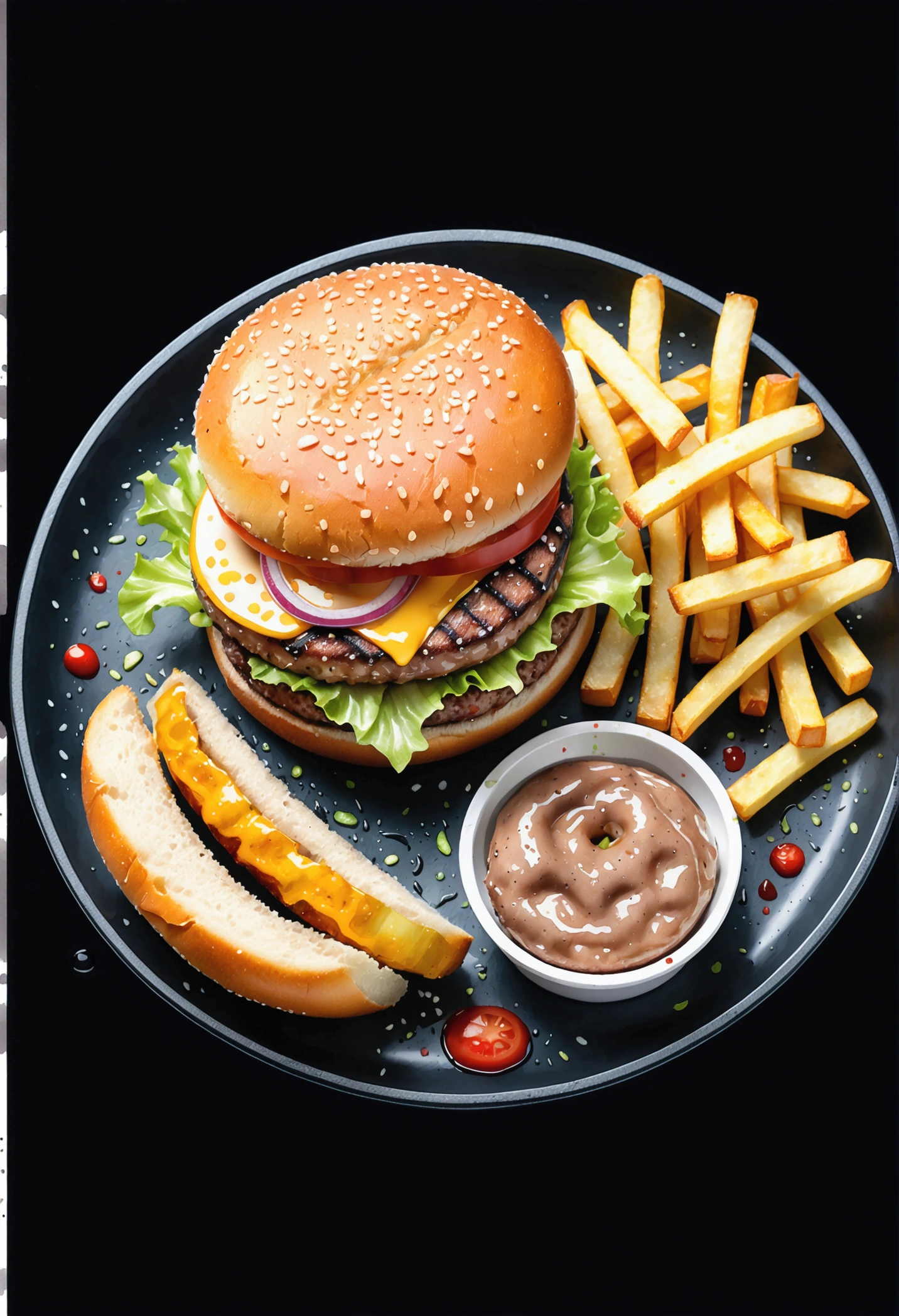 there is a delicious big mac burger and fries served on a black plate, illustration, isolated com fundo branco sólido, surrounded by negative space, centered composition, 8K, more detailed painting, very precise painting, isolated, clear bright white background, perspective viewing angle, cartoon style, ((water colour)),