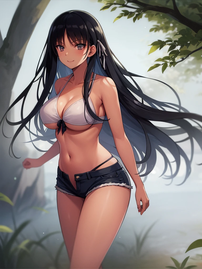 (8K, Highest quality, Highest quality, masterpiece), standing, 1girl, solo girl, only 1 girl)), fullbody, solo, cowboy shot, aasuzune, long hair, black hair, hair loose in the wind, leafs in the air, (dusk), bikini top, white bikini, black thighhighs, ((smile)), (Shorts, denim shorts), outdoors, large breasts, cleavage, underboob