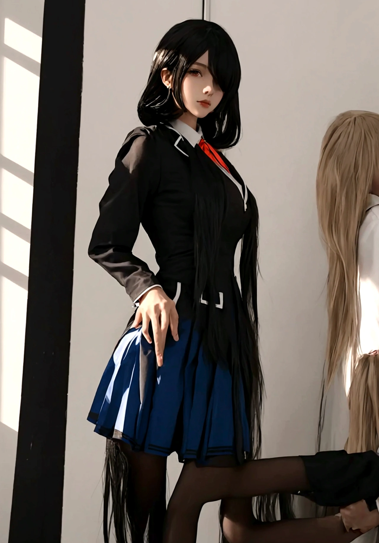 ultra-detailed,highly detailed,best quality,masterpiece,illustration,
A woman is depicted in the image wearing a short skirt and a white shirt. She has long hair and is accessorized with a black tie. The woman is standing in what appears to be a room with a clock visible in the background. The primary colors in the image include shades of brown and beige with accents of black. The woman''s outfit gives off a professional yet stylish vibe. The image captures her in a close-up shot, focusing on her attire and overall appearance. The setting suggests a formal or business-like environment.
