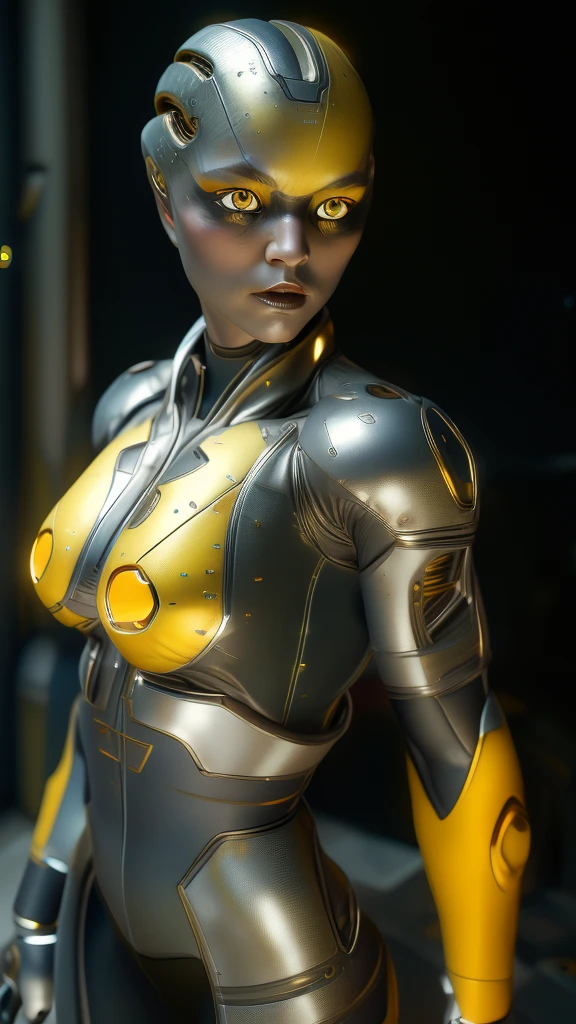 1 girl, solo, (look at viewer), ((Best quality)), ((masterpiece)), (detailed:1.4), ((upper body)), 3D, an image of a beautiful cyberpunk female,HDR (High Dynamic Range), Ray Tracing,NVIDIA RTX,Super-Resolution,Unreal 5,Subsurface scattering,PBR Texturing,Post-processing,Anisotropic Filtering,Depth-of-field,Maximum clarity and sharpness,Multi-layered textures,Albedo and Specular maps,Surface shading,Accurate simulation of light-material interaction,Perfect proportions,Octane Render,Two-tone lighting,Wide aperture,Low ISO,White balance,Rule of thirds,8K RAW, (((yellow eyes))), (((liquid metal black short hair))), PEEBEE, (dark skin:1.2), yellow eyes,,, medium breasts, yellow bodysuit, belt, (( gold/silver amor))
