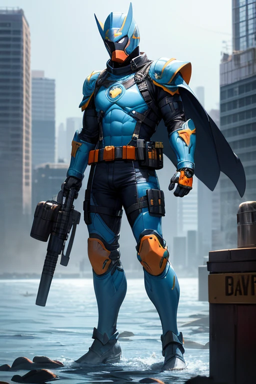 ((best quality)), ((masterpiece)), (detailed), 1 male, full body, 23 years old, masked, light blue construction helmet with small crest, smooth head, bare face, superhero mask, black collar, tall, thin, grey details, mechanical shark head, piranha suit, black gloves, orange grenades on his chest harness belt, black chest harness belt, light blue wristbands, water cannons on his shoulders, shooting water, diving suit, light blue suit resembling light armor, light blue armor with an emblem, yellow details, orange circular emblem on his chest, orange emblem, light blue pants, grey knee pads, metallic light blue boots, black superhero belt, standing on a pier by the sea, city background, anime