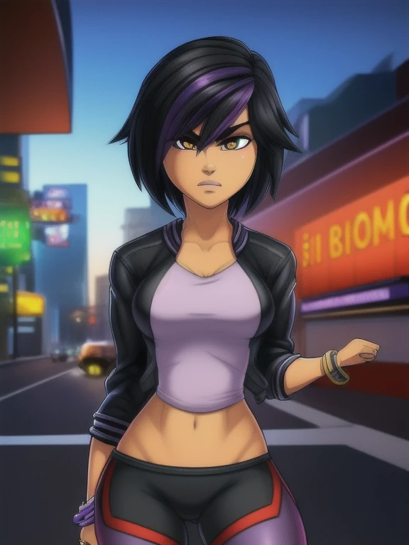 ((Masterpiece)), ((Best Quality)), (Detailed face:1.2), (Detailed eyes:1.2), (Detailed pupils:1.2), Ultra High Resolution, HDR, absurderes, 8K, intricate details, ultra-detailed, dramatic lighting, (solo, 1 girl:1.02), Gogo_Tomago, short hair, black hair, jewelry, jacket, lo purple hair, shorts, bracelet, makeup, casual, cropped jacket, leggings, sleeves pushed up, capri pants, black leggings, cowboy shot, brown eyes, looking at the viewer, medium breasts,outdoors,city,
