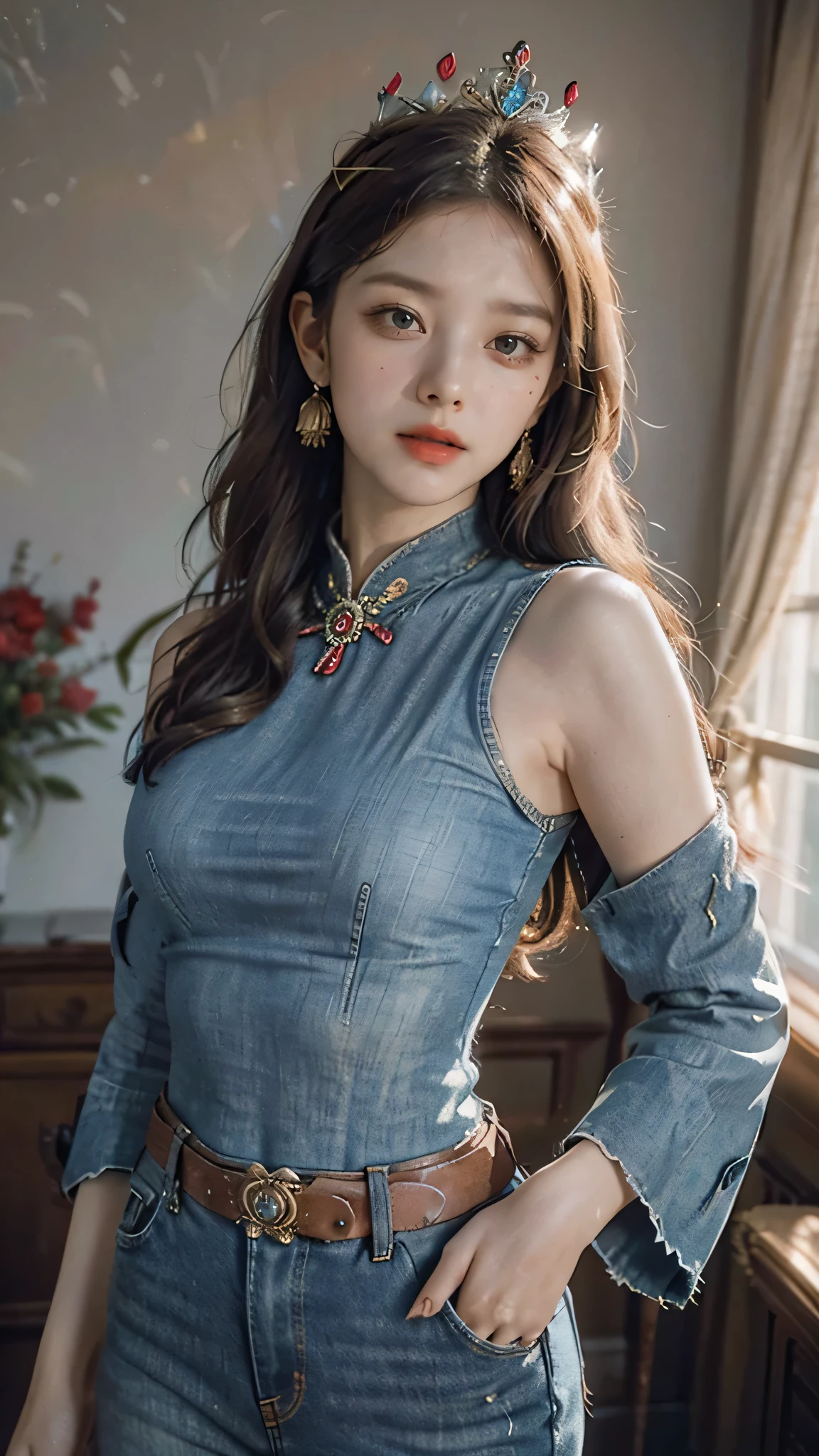 Best quality, masterpiece, super detailed high resolution, (realistic: 1.4), watercolor style, illustration, dazzling background color,, 1 Girl Holding Weapon, (Solo Exhibition: 1.2), (Denim Lens: 1.2), (Hair Crown: 1.2), Chinese Dunhuang Traditional Costume, No Straps, (Red Eyeliner: 1.2), (: 1.4), Earrings, Dynamic Angle, Opera House, messy_long_hair, Ink, Movie Lights, lens_flare, Velvet, Chrysanthemum, Tassels, Ribbons, Color Embroidery,