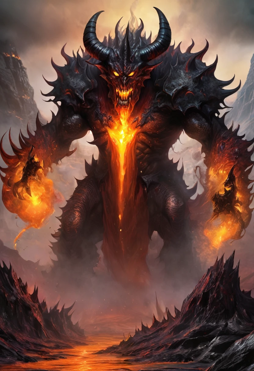 In this awe-inspiring splash art painting for an epic fantasy card game, a dark and foreboding atmosphere envelops the scene. A colossal demonic entity, exuding apocalyptic dread and raw destructive power, dominates the composition. Its monstrous form is clad in a mix of charred volcanic rock and metallic armor, with a grotesque face, massive glowing horns, and fiery eyes. The creature wields a massive, spiked gauntlet engulfed in flames, emphasizing its destructive capabilities. The color palette features fiery oranges, reds, and yellows, contrasting with the dark shadows and desolate background. The hellish landscape and supernatural themes contribute to a sense of horror and despair, while the glowing pendant hanging from the demon's neck adds mystery and deeper lore.