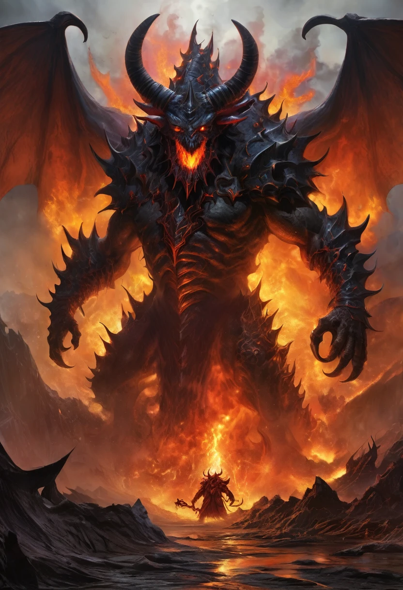 In this awe-inspiring splash art painting for an epic fantasy card game, a dark and foreboding atmosphere envelops the scene. A colossal demonic entity, exuding apocalyptic dread and raw destructive power, dominates the composition. Its monstrous form is clad in a mix of charred volcanic rock and metallic armor, with a grotesque face, massive glowing horns, and fiery eyes. The creature wields a massive, spiked gauntlet engulfed in flames, emphasizing its destructive capabilities. The color palette features fiery oranges, reds, and yellows, contrasting with the dark shadows and desolate background. The hellish landscape and supernatural themes contribute to a sense of horror and despair, while the glowing pendant hanging from the demon's neck adds mystery and deeper lore.