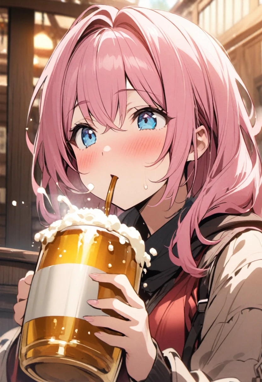 beer mug、Red face、Pink Hair Woman、blue eyes、gulp