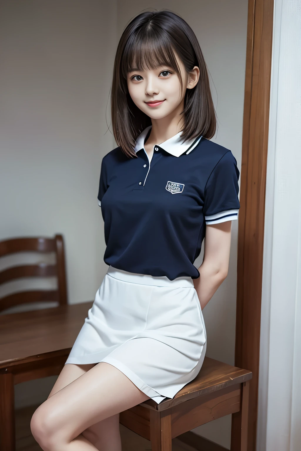 Woman、university student、20-year-old、Medium build、Beauty、Facing Forward、Kind eyes、Uniform eyes、He is wearing a short-sleeved navy blue polo shirt.、She is wearing a tight long grey skirt.、Sit on a chair、Put your hands behind your back、((Her white underwear is visible between her skirt and legs.))、(Wearing white panties)、She is facing the camera with both knees together.、Anatomically correct body、, Black Hair, Hair that falls over the shoulders, Straight hair, Expressive hair, Shiny Hair, Parted bangs, Captivating smile, Surrealism, Verism, Cinema Lighting, reflection light, First-person view, Nikon, F/1.2, 超High resolution, masterpiece, Textured skin, Attention to detail, Awards, Highest quality, High resolution, 8K, Super detailed