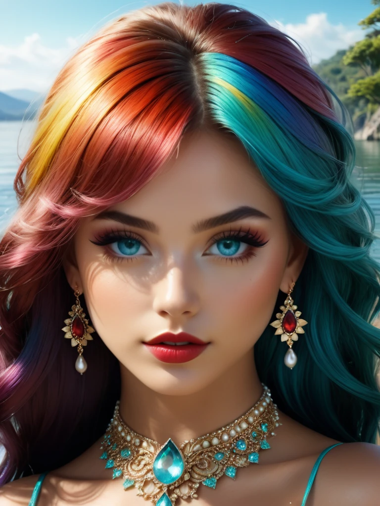 masterpiece, best quality, ultra-detailed, illustration, (rainbow hair:1.4), pointy ears, tiara, necklace, earrings, armband, thigh strap, belly chain, chain, nymph, (aqua eyes:1.4), colored eyelashes, long hair,  (nature tattoo:1.6),  (makeup:1.2), (solo:1.4), creativity, imagination, artistry, composition, balance, harmony, rhythm, color, light, shadow, reflection, refraction, tone, contrast, foreground, middle ground, background, naturalistic, figurative, representational,, Digital art, glow effects, render, 8k, octane render, cinema 4d, blender, dark, atmospheric 4k ultra detailed, cinematic sensual, Sharp focus,big depth of field, Masterpiece, colors, trending on artstation, Vivid colors, modelshoot style, Intricate, High Detail, Sharp focus, dramatic, small breast, (freckles:0.6), , (small waist), perfect face, highly detailed, best quality,(petite), 8k eye details,(red lips), sultry look, seductive, magic, epic realistic, (glowing magic stones) hyperdetailed,cinematic, dramatic light, (intricate details:1.1), (complex background), ((backlighting)),highly detail eyes, (perfect eyes), beautiful eyes, both eyes are the same, smooth, perfect face, Iridescent, Global illumination, real hair movement, realistic light, realistic shadow, perfect quality, detailed shadow and light, ((FANTASY)), ((MAGIC)), ((cinematic light)), colorful,  (detailed background: 1.4), (beautiful and detailed face, beautiful detailed eyes), High contrast, (better lighting, extremely delicate and beautiful) beautiful and detailed brightness, young girl,lake, tiara, pearl, earrings, shiny necklace, (((perfect eyes,))), stars, full body, lens flare, shade, full body, masterpiece,  (intricate, octane render, highly detailed, 8k, hdr, uhd, high quality, professional, Unreal engine,Trending on artstation), lens flare, shade,   full body, masterpiece,  (intricate, octane render, highly detailed, 8k, hdr, uhd, high quality, professional, Unreal engine,Trending on ar