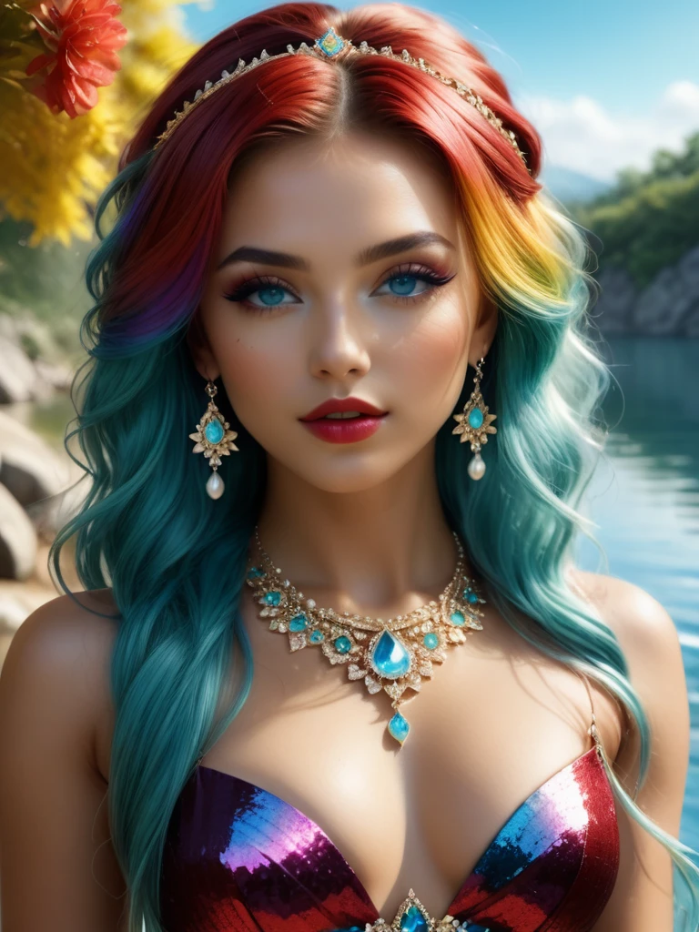 masterpiece, best quality, ultra-detailed, illustration, (rainbow hair:1.4), pointy ears, tiara, necklace, earrings, armband, thigh strap, belly chain, chain, nymph, (aqua eyes:1.4), colored eyelashes, long hair,  (nature tattoo:1.6),  (makeup:1.2), (solo:1.4), creativity, imagination, artistry, composition, balance, harmony, rhythm, color, light, shadow, reflection, refraction, tone, contrast, foreground, middle ground, background, naturalistic, figurative, representational,, Digital art, glow effects, render, 8k, octane render, cinema 4d, blender, dark, atmospheric 4k ultra detailed, cinematic sensual, Sharp focus,big depth of field, Masterpiece, colors, trending on artstation, Vivid colors, modelshoot style, Intricate, High Detail, Sharp focus, dramatic, small breast, (freckles:0.6), , (small waist), perfect face, highly detailed, best quality,(petite), 8k eye details,(red lips), sultry look, seductive, magic, epic realistic, (glowing magic stones) hyperdetailed,cinematic, dramatic light, (intricate details:1.1), (complex background), ((backlighting)),highly detail eyes, (perfect eyes), beautiful eyes, both eyes are the same, smooth, perfect face, Iridescent, Global illumination, real hair movement, realistic light, realistic shadow, perfect quality, detailed shadow and light, ((FANTASY)), ((MAGIC)), ((cinematic light)), colorful,  (detailed background: 1.4), (beautiful and detailed face, beautiful detailed eyes), High contrast, (better lighting, extremely delicate and beautiful) beautiful and detailed brightness, young girl,lake, tiara, pearl, earrings, shiny necklace, (((perfect eyes,))), stars, full body, lens flare, shade, full body, masterpiece,  (intricate, octane render, highly detailed, 8k, hdr, uhd, high quality, professional, Unreal engine,Trending on artstation), lens flare, shade,   full body, masterpiece,  (intricate, octane render, highly detailed, 8k, hdr, uhd, high quality, professional, Unreal engine,Trending on ar