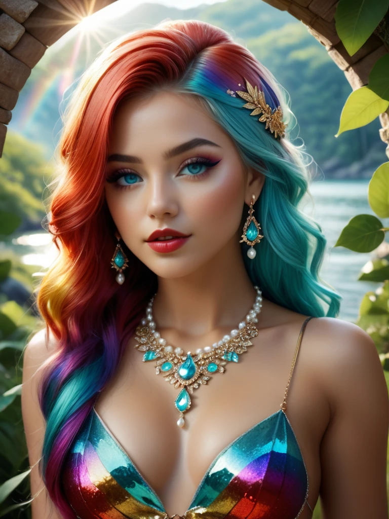 masterpiece, best quality, ultra-detailed, illustration, (rainbow hair:1.4), pointy ears, tiara, necklace, earrings, armband, thigh strap, belly chain, chain, nymph, (aqua eyes:1.4), colored eyelashes, long hair,  (nature tattoo:1.6),  (makeup:1.2), (solo:1.4), creativity, imagination, artistry, composition, balance, harmony, rhythm, color, light, shadow, reflection, refraction, tone, contrast, foreground, middle ground, background, naturalistic, figurative, representational,, Digital art, glow effects, render, 8k, octane render, cinema 4d, blender, dark, atmospheric 4k ultra detailed, cinematic sensual, Sharp focus,big depth of field, Masterpiece, colors, trending on artstation, Vivid colors, modelshoot style, Intricate, High Detail, Sharp focus, dramatic, small breast, (freckles:0.6), , (small waist), perfect face, highly detailed, best quality,(petite), 8k eye details,(red lips), sultry look, seductive, magic, epic realistic, (glowing magic stones) hyperdetailed,cinematic, dramatic light, (intricate details:1.1), (complex background), ((backlighting)),highly detail eyes, (perfect eyes), beautiful eyes, both eyes are the same, smooth, perfect face, Iridescent, Global illumination, real hair movement, realistic light, realistic shadow, perfect quality, detailed shadow and light, ((FANTASY)), ((MAGIC)), ((cinematic light)), colorful,  (detailed background: 1.4), (beautiful and detailed face, beautiful detailed eyes), High contrast, (better lighting, extremely delicate and beautiful) beautiful and detailed brightness, young girl,lake, tiara, pearl, earrings, shiny necklace, (((perfect eyes,))), stars, full body, lens flare, shade, full body, masterpiece,  (intricate, octane render, highly detailed, 8k, hdr, uhd, high quality, professional, Unreal engine,Trending on artstation), lens flare, shade,   full body, masterpiece,  (intricate, octane render, highly detailed, 8k, hdr, uhd, high quality, professional, Unreal engine,Trending on ar