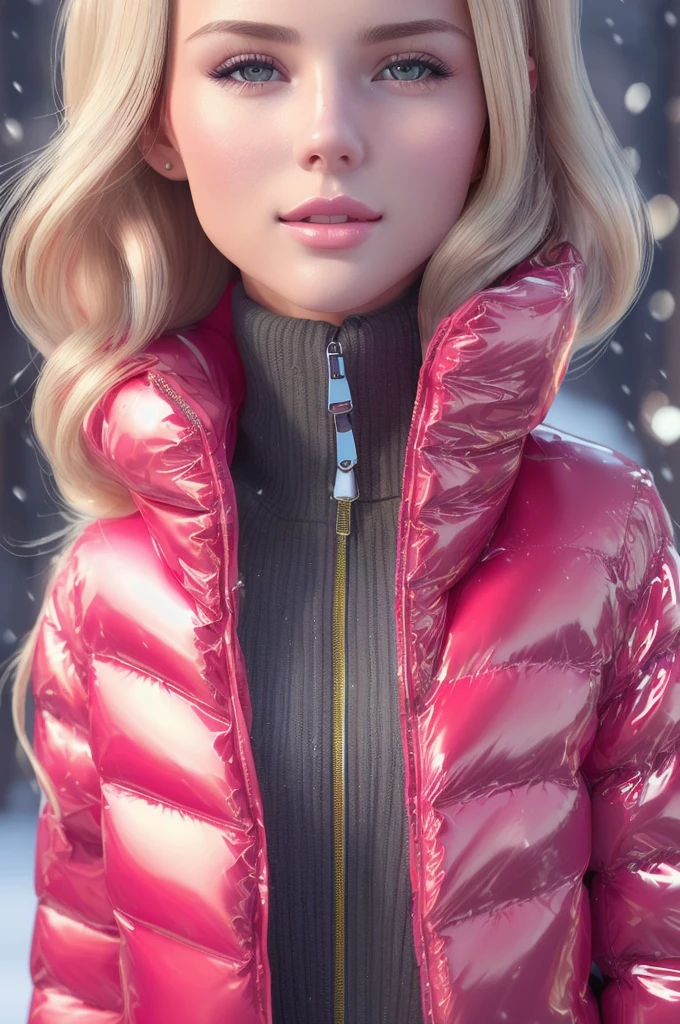 A stunning portrait of a young, blonde, slim, cute, sweet European woman, radiating elegance and beauty. She is dressed in a fashionable, collared, (colorful), (shiny and glossy), (puffer down jacket). ((Very High Yoked)), (((full zippped up yoke, jackets yoke covering lower face))). The lighting is soft, highlighting her features and emphasizing the high glossy texture of her clothes. Cinematic lighting, very cold, lite snowing, high resolution, winter fashion, realistic shading, digital painting, artstation, sweetest, cutest, ((tempting)). close up shot. by Parkasite.