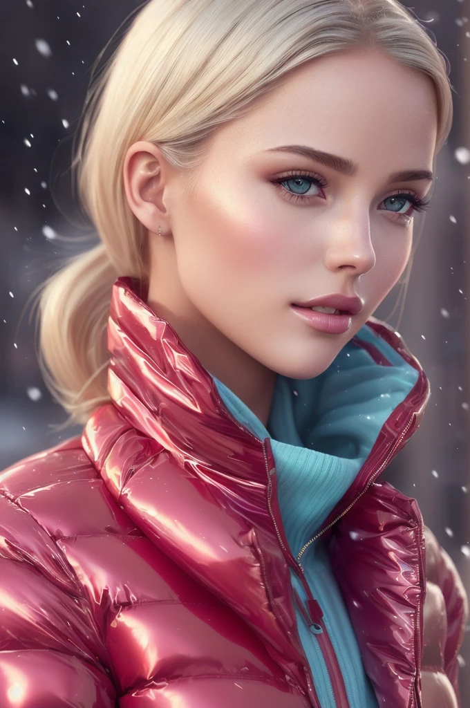 A stunning portrait of a young, blonde, slim, cute, sweet European woman, radiating elegance and beauty. She is dressed in a fashionable, collared, (colorful), (shiny and glossy), (puffer down jacket). ((Very High Yoked)), (((full zippped up yoke, jackets yoke covering lower face))). The lighting is soft, highlighting her features and emphasizing the high glossy texture of her clothes. Cinematic lighting, very cold, lite snowing, high resolution, winter fashion, realistic shading, digital painting, artstation, sweetest, cutest, ((tempting)). close up shot. by Parkasite. 
