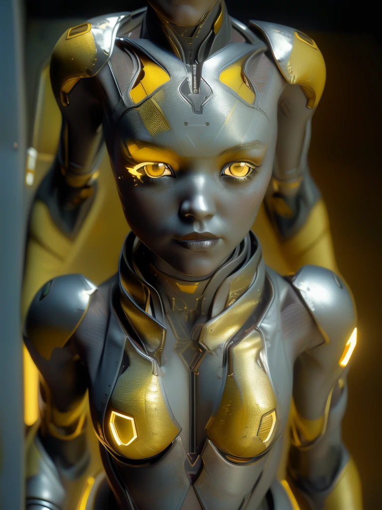 1 girl, solo, (look at viewer), ((Best quality)), ((masterpiece)), (detailed:1.4), ((upper body)), 3D, an image of a beautiful cyberpunk female,HDR (High Dynamic Range), Ray Tracing,NVIDIA RTX,Super-Resolution,Unreal 5,Subsurface scattering,PBR Texturing,Post-processing,Anisotropic Filtering,Depth-of-field,Maximum clarity and sharpness,Multi-layered textures,Albedo and Specular maps,Surface shading,Accurate simulation of light-material interaction,Perfect proportions,Octane Render,Two-tone lighting,Wide aperture,Low ISO,White balance,Rule of thirds,8K RAW, (((yellow eyes))), (((liquid metal black short hair))), PEEBEE, (dark skin:1.2), yellow eyes,,, medium breasts, yellow bodysuit, belt, (( gold/silver amor))
