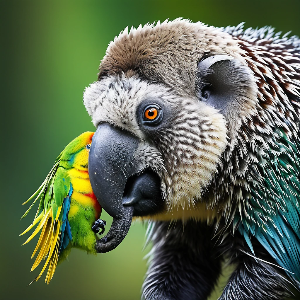 real photography, unique composition that mixes and brings together in an almost surreal design four different types of animals in one Mammoth body, parrot tail, marmoset head, Uca&#39;s arms and legs.  There is a frame in the image that refers to the 2d image drawn with lines that become wind and water and fire and earth at the base, WITH TRANSPARENT BACKGROUND. There is a frame in the image that refers to the 2d image drawn with lines that become wind and water and fire and earth at the base, WITH TRANSPARENT BACKGROUND, plus a geometric simetric realistic neon logobrand word "shallow" in capital words, no degrade, white background, no shadow, no reflect