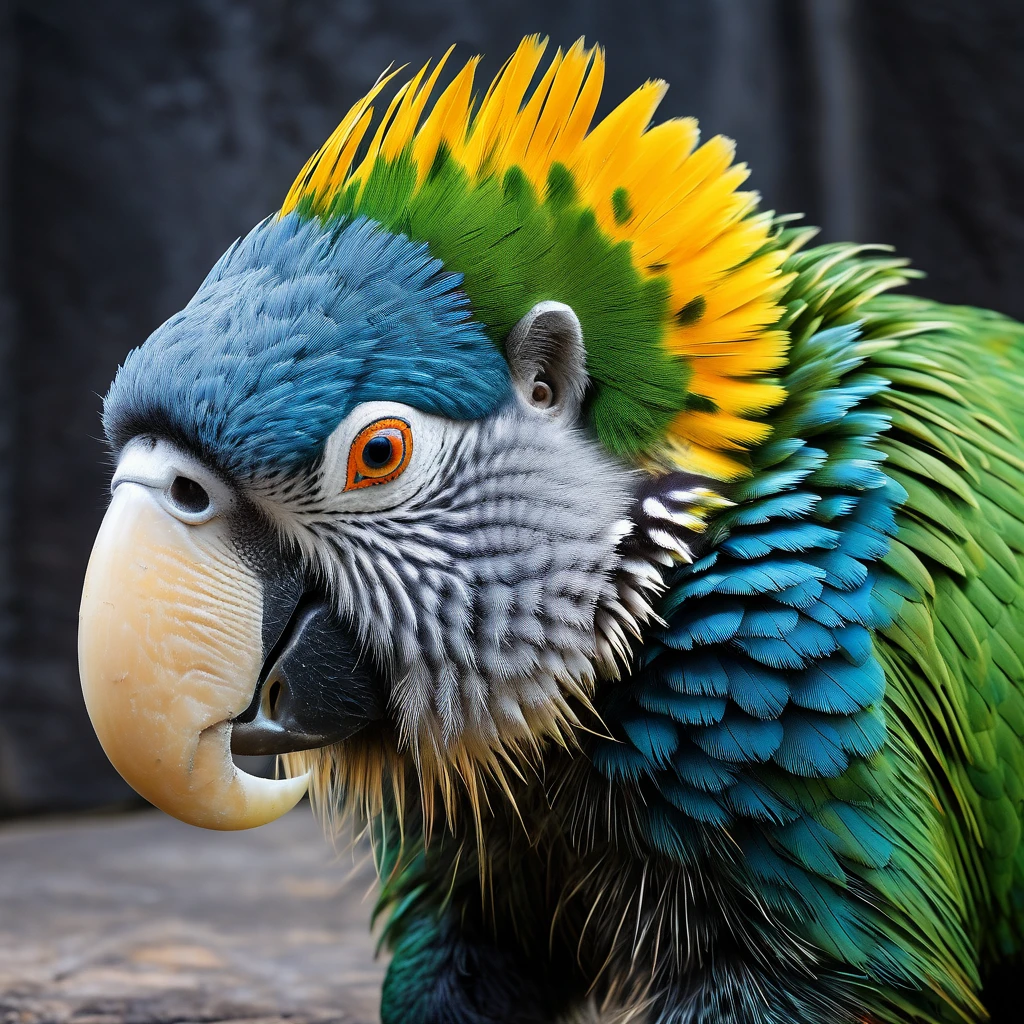 real photography, unique composition that mixes and brings together in an almost surreal design four different types of animals in one Mammoth body, parrot tail, marmoset head, Uca's arms and legs. There is a frame in the image that refers to the 2d image drawn with lines that become wind and water and fire and earth at the base, WITH TRANSPARENT BACKGROUND. There is a frame in the image that refers to the 2d image drawn with lines that become wind and water and fire and earth at the base, WITH TRANSPARENT BACKGROUND, plus a geometric simetric realistic neon logobrand word "shallow" in capital words, no degrade, white background, no shadow, no reflect