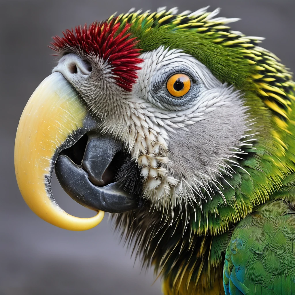 real photography, unique composition that mixes and brings together in an almost surreal design four different types of animals in one Mammoth body, parrot tail, marmoset head, Uca's arms and legs. There is a frame in the image that refers to the 2d image drawn with lines that become wind and water and fire and earth at the base, WITH TRANSPARENT BACKGROUND. There is a frame in the image that refers to the 2d image drawn with lines that become wind and water and fire and earth at the base, WITH TRANSPARENT BACKGROUND, plus a geometric simetric realistic neon logobrand word "shallow" in capital words, no degrade, white background, no shadow, no reflect