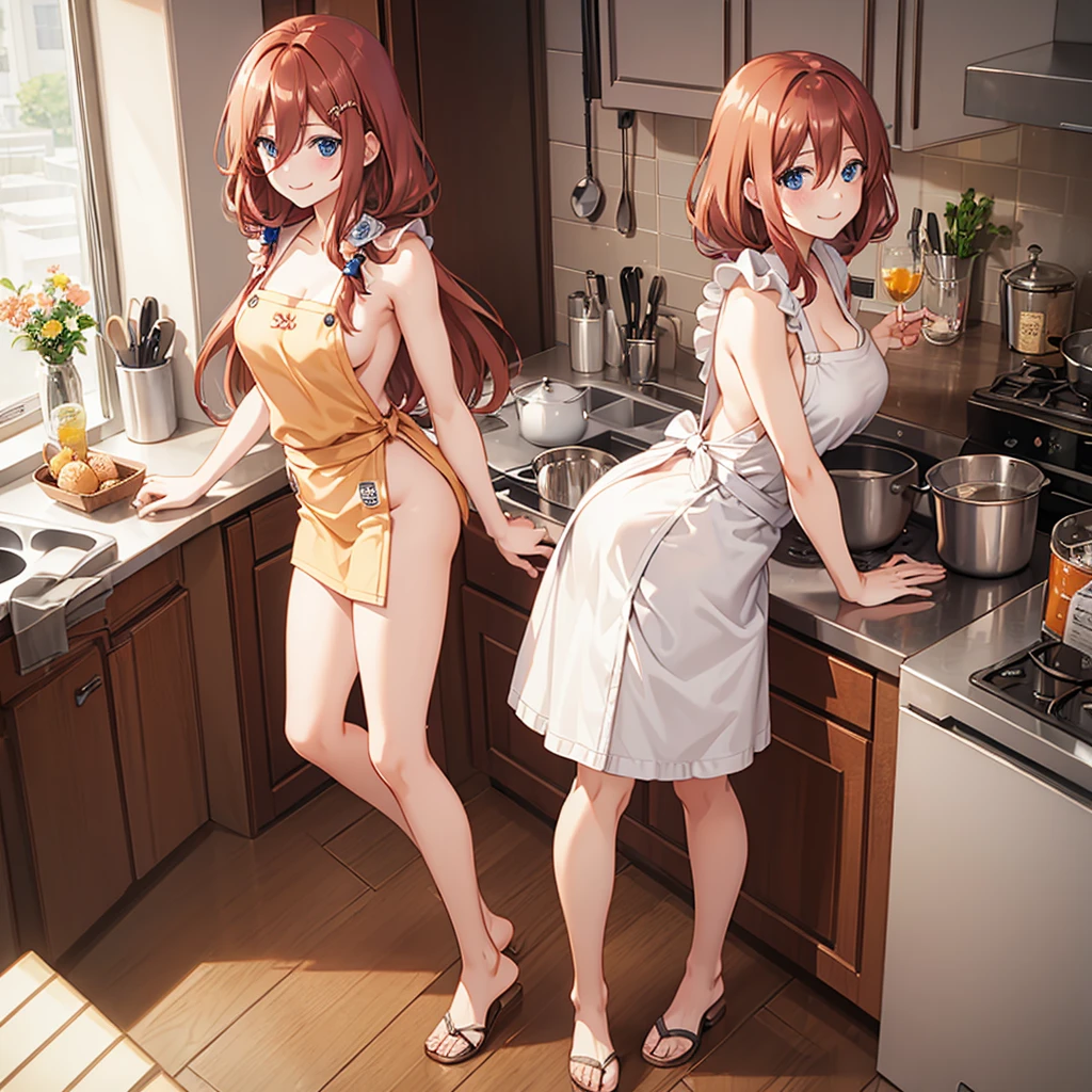 (Best quality:1.3), nakano miku, brown long hair, hair between eyes, (naked:1.2), (apron), busty, standing, (pov), smiling, kitchen