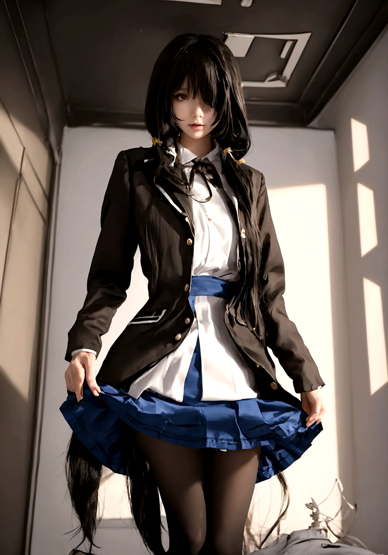 ultra-detailed,highly detailed,best quality,masterpiece,illustration,
A woman is depicted in the image wearing a short skirt and a white shirt. She has long hair and is accessorized with a black tie. The woman is standing in what appears to be a room with a clock visible in the background. The primary colors in the image include shades of brown and beige with accents of black. The woman''s outfit gives off a professional yet stylish vibe. The image captures her in a close-up shot, focusing on her attire and overall appearance. The setting suggests a formal or business-like environment.