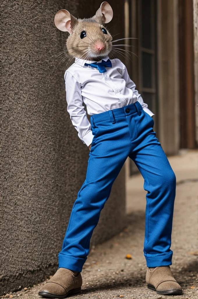 Mouse standing on two legs wearing blue pants