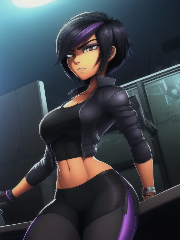 ((Masterpiece)), ((Best Quality)), (Detailed face:1.2), (Detailed eyes:1.2), (Detailed pupils:1.2), Ultra High Resolution, HDR, absurderes, 8K, intricate details, ultra-detailed, dramatic lighting, (solo, 1 girl:1.02), Gogo_Tomago, short hair, black hair, jewelry, jacket, lo purple hair, shorts, bracelet, makeup, casual, cropped jacket, leggings, sleeves pushed up, capri pants, black leggings, cowboy shot, brown eyes, looking at the viewer, medium breasts, (detailed ladscape, lab, labroom:1.2), (mechanical, tools, chemical containers, desk:1.2),(detailed background),detailed landscape, (dynamic angle:1.2), (dynamic pose:1.2)