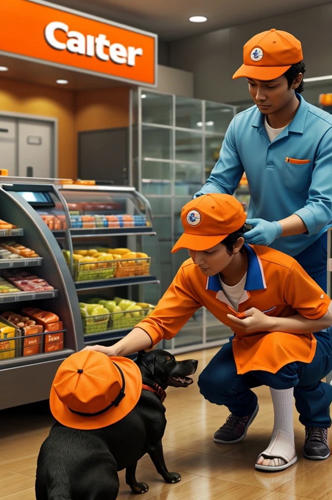 3d animation: cashier with orange cap serving a person with a dog