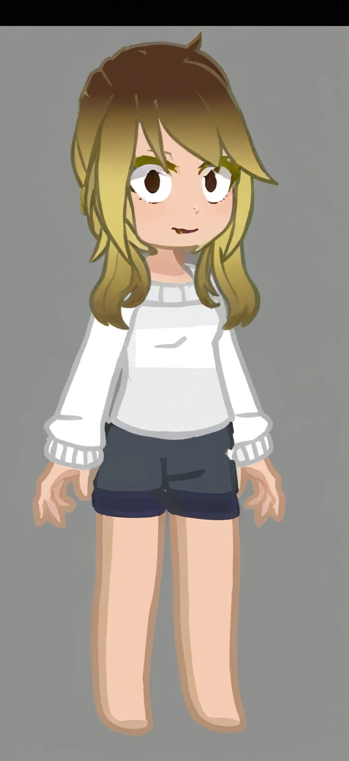 A milf with brunette hair but with blonde tips, Large firm , Wearing a white sweater, wearing black shoes, e um short, sexly