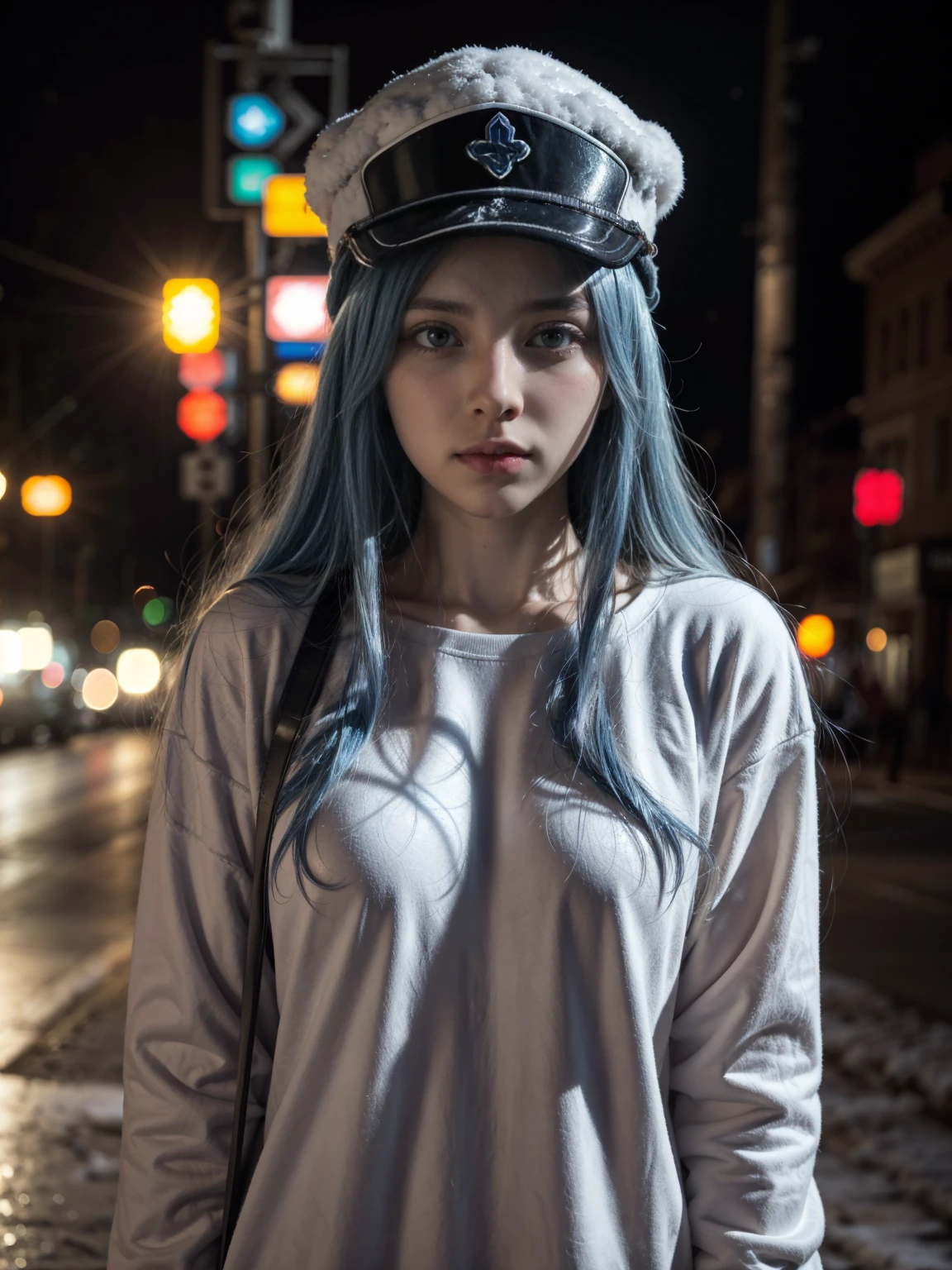 a girl with long blue hair, blue eyes, blue eyelashes, big breasts, white sweatshirt with a hat, walking, upset, on a street in Russia, snowing heavily, at night, (best quality,4k,8k,highres,masterpiece:1.2),ultra-detailed,(realistic,photorealistic,photo-realistic:1.37),HDR,UHD,studio lighting,extreme detail description,vivid colors,portrait,dramatic lighting,cold color tone