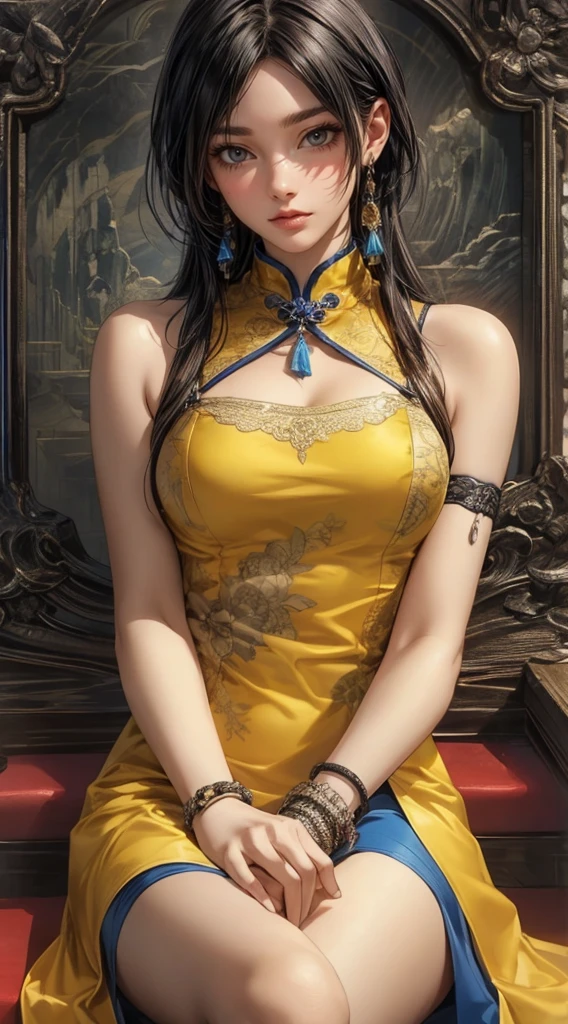 best illustration, beautiful woman, her facial features look like those from Kai‘Sa of the game League of Legends, perfect body proportions, slender with generous curves, yellow cheongsam with blue accents, luxury chinese restaurant, highly detailed, high definition
