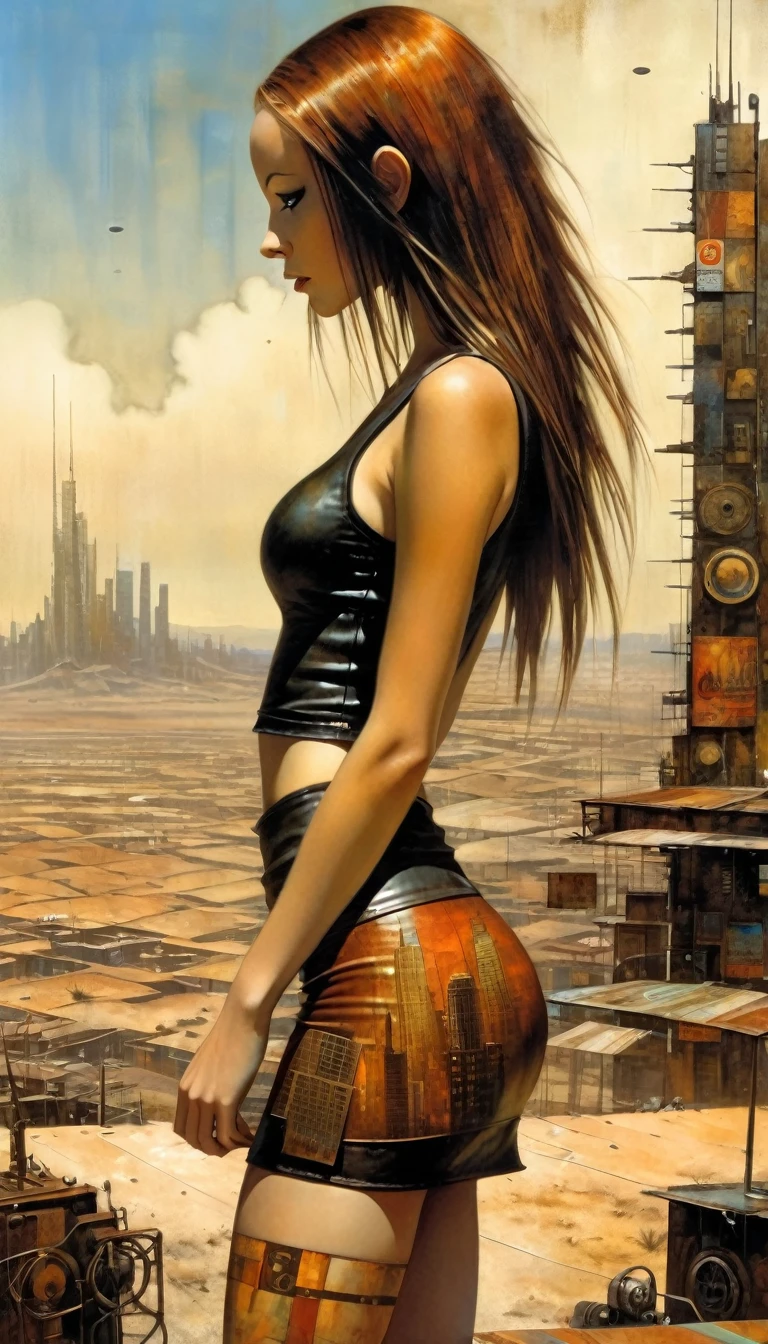 Future sexy girl long hair in a futuristic city.1.5, rusty metal city, lots of details, cars, buildings, billboards, leather miniskirt and very tight tank top, (Dave Mckean inspired art, intricate details, oil painting)